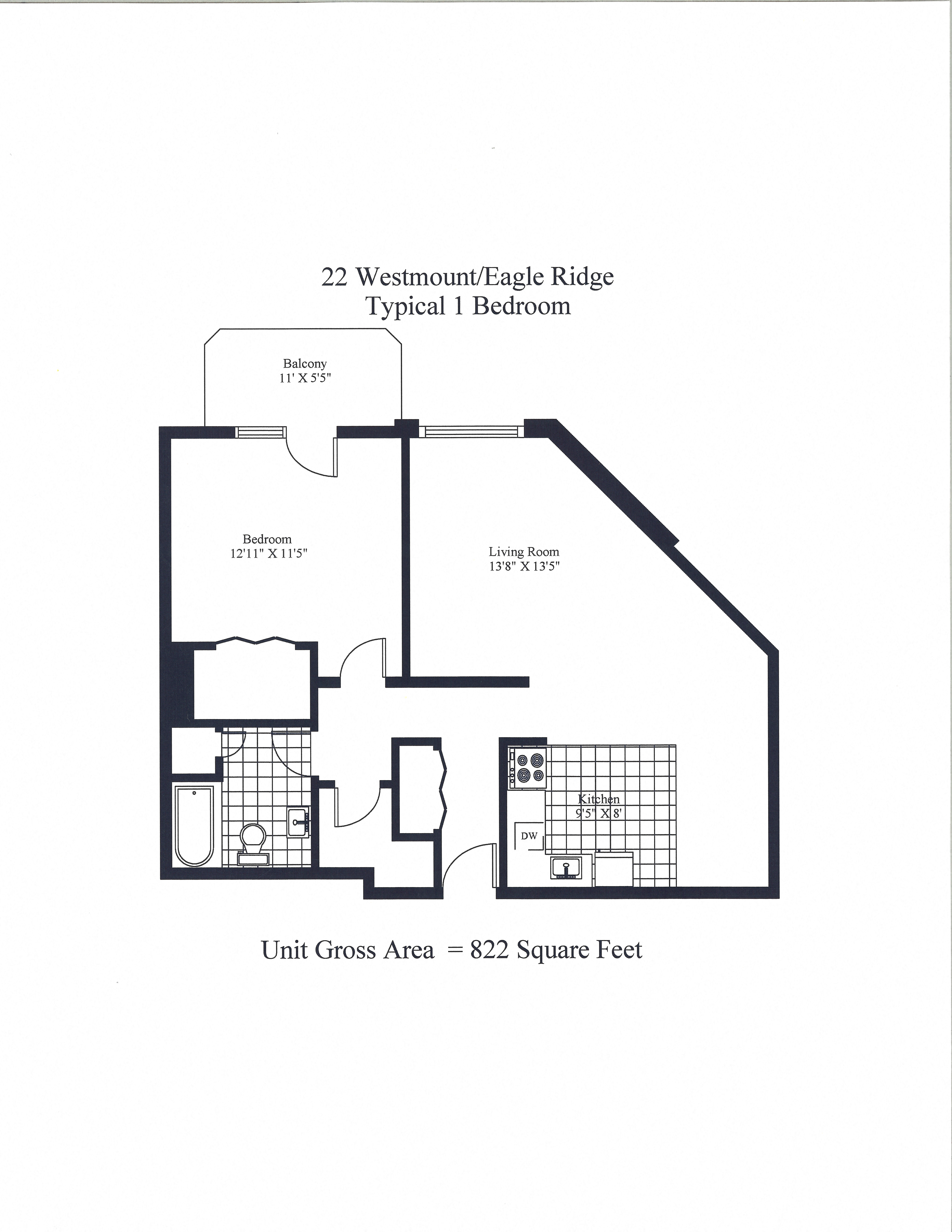 Floor plan for 1 bed, 1 bath, 817 sqft